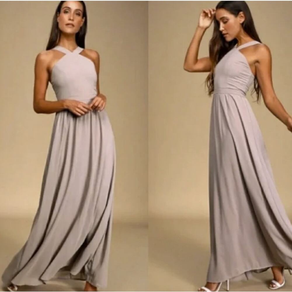 Lulu's Dress Women's Size S Air Of Romance Taupe Maxi Halter Neckline Bridesmaid